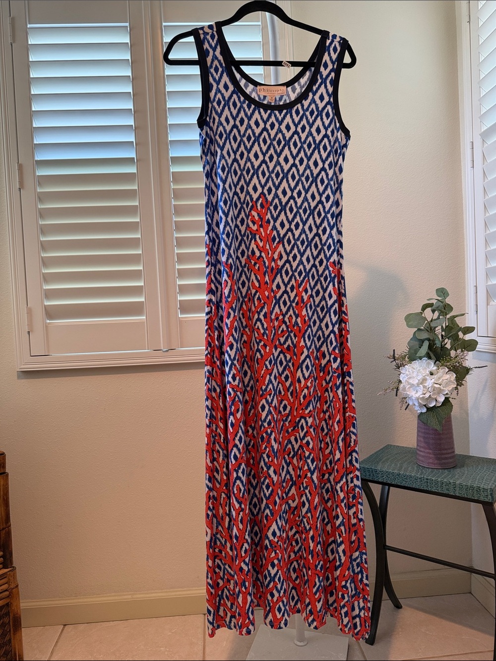 Philosophy Sleeveless Geometric Maxi Dress in Blue and Red